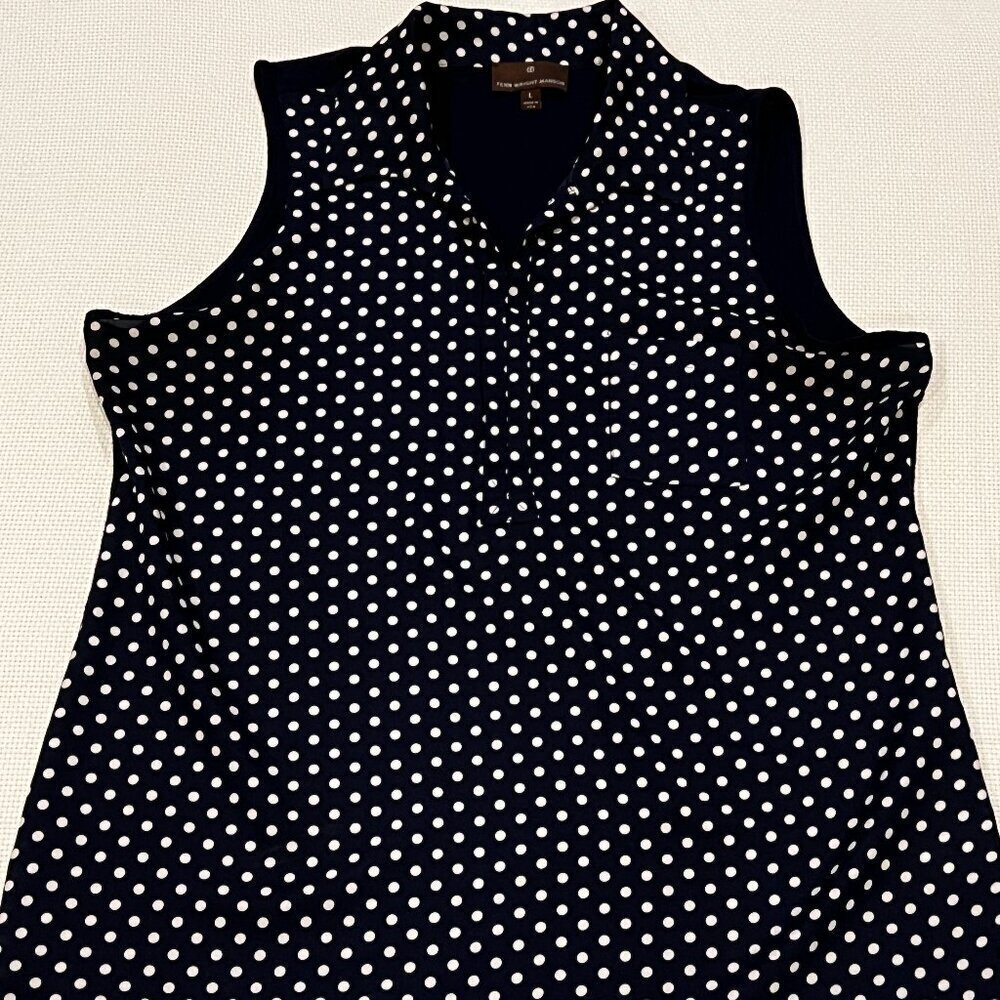FENN WRIGHT MANSON Navy Blue Polka Dot Mixed Media Sleeveless Blouse Size Large